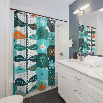 Mid Mod Scandinavian Floral Teal, Aqua Orange Mid Mod Shower Curtain - Mid Century Modern Gal