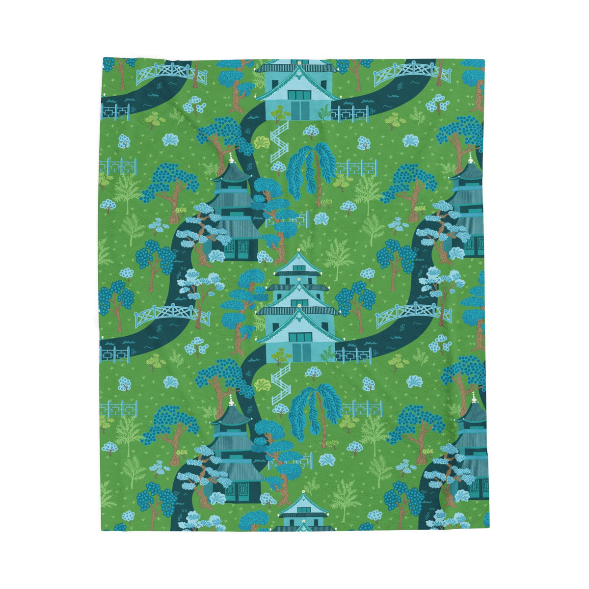 Chinoiserie Throw Blanket, Green, Blue Serene Garden Velveteen Plush Blanket - Cozy Floral Design - Mid Century Modern Gal