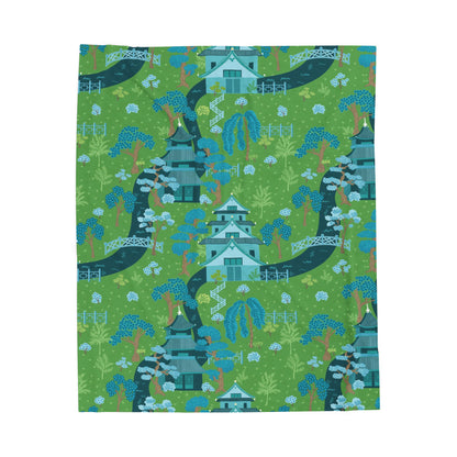 Chinoiserie Throw Blanket, Green, Blue Serene Garden Velveteen Plush Blanket - Cozy Floral Design - Mid Century Modern Gal