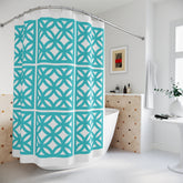 Mid Century Modern 50s Breezeblock Modern Geometric Shower Curtains, Aqua Blue Bath Decor - Mid Century Modern Gal