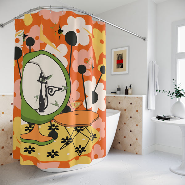 Mid-Century Modern Cat Retro Summer Vibes, Kitschy Mod  Shower Curtain - Retro Floral Design