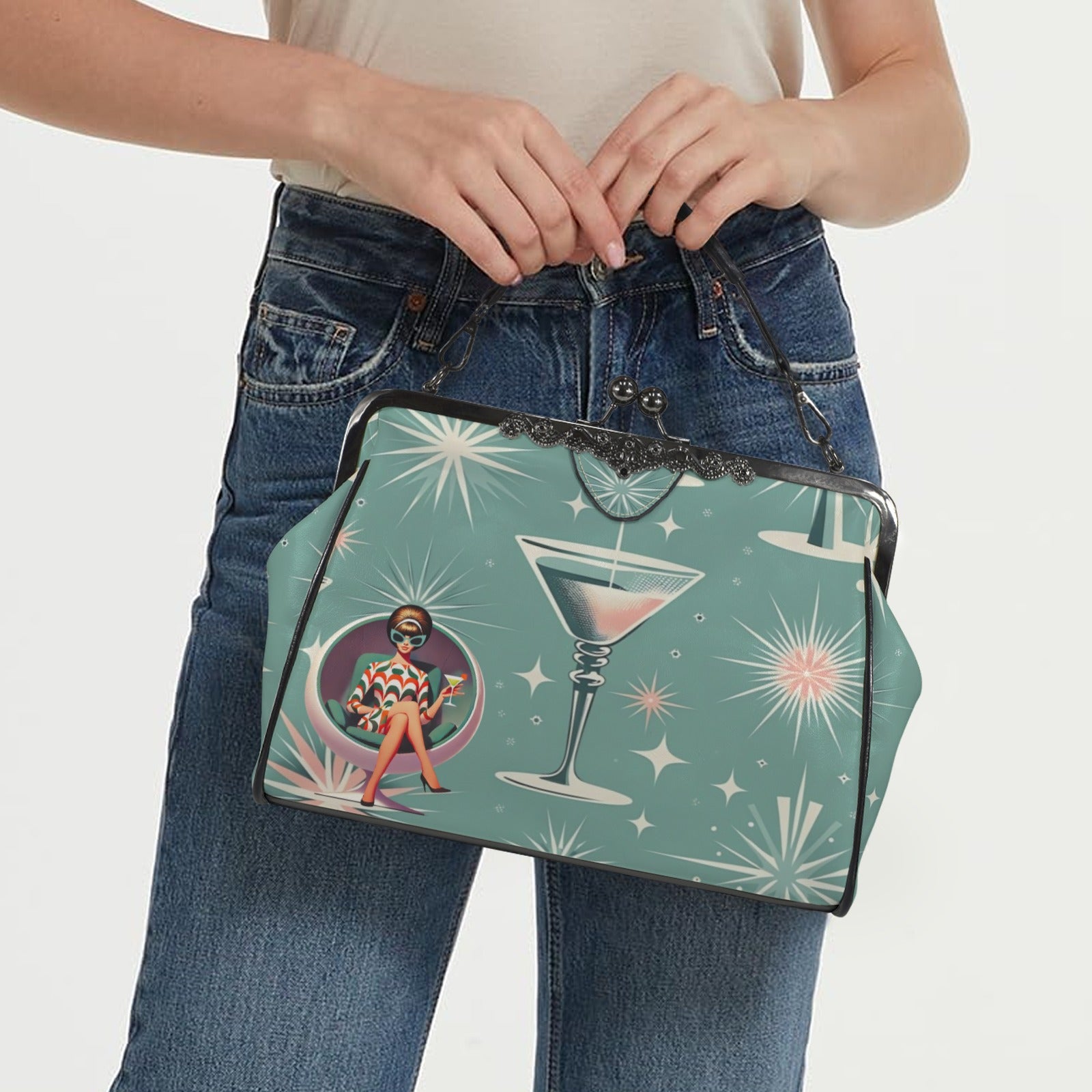Mid Century Modern Gal, Mod 50s Atomic Martini Retro Kitschy Kisslock Crossbody Purse - Mid Century Modern Gal