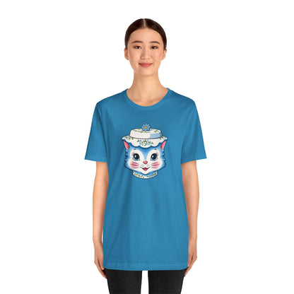 Mid Century Modern Kitschy Anthropomorphic Blue Cat with Floral Hat Unisex T-Shirt