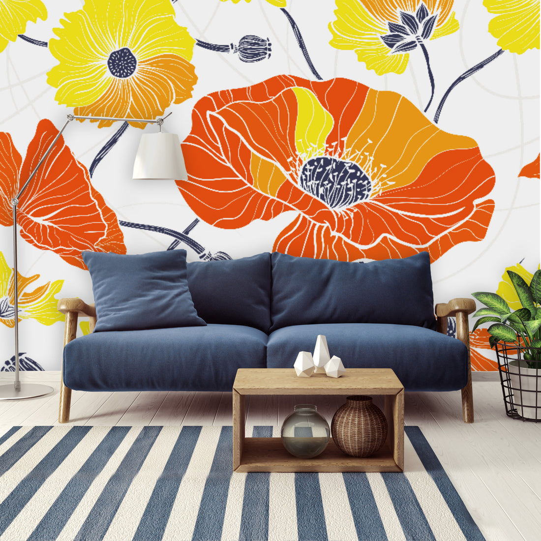 Vintage Poppy Orange Yellow Retro Florals, Mid Century Modern Wall Murals - Mid Century Modern Gal