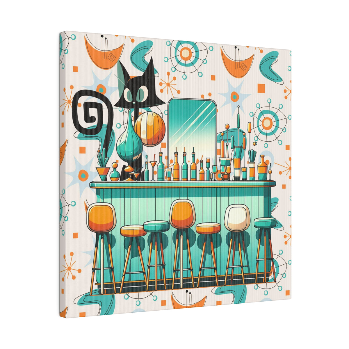 Atomic Cat, Mid Century Modern Kitschy Bar, Orange, Teal Mid Century Modern Wall Art - Mid Century Modern Gal