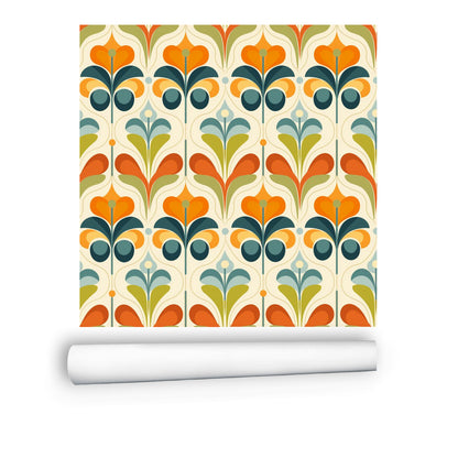 Scandinavian Floral Orange Blue, Green, Mid Mod Peel And Stick Wall Murals - Mid Century Modern Gal