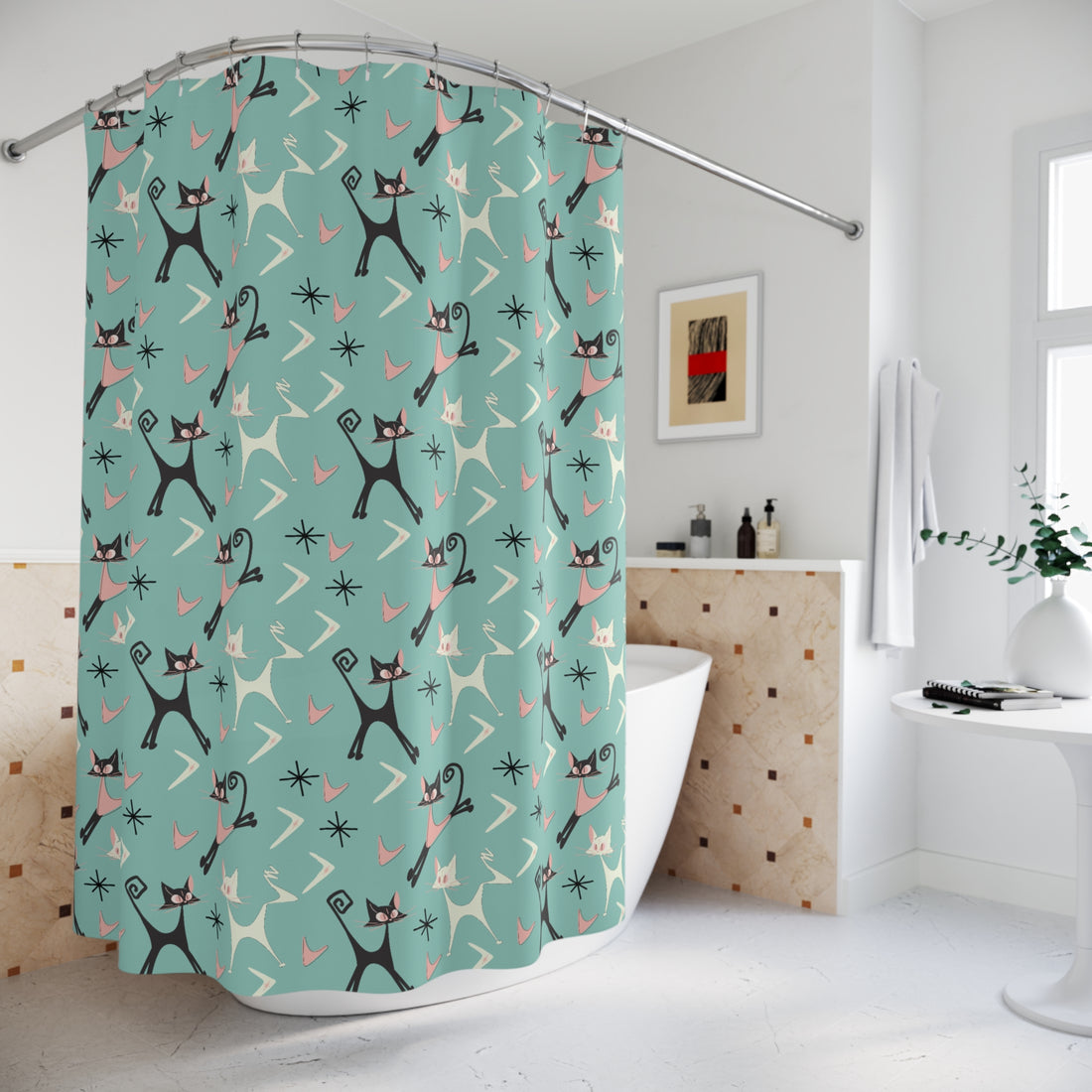 Atomic Cat Art Mid Century Modern Shower Curtain, Whimsical Quirky Cats, Boomerang, Aqua Pink, Kitschy 50s Curtain