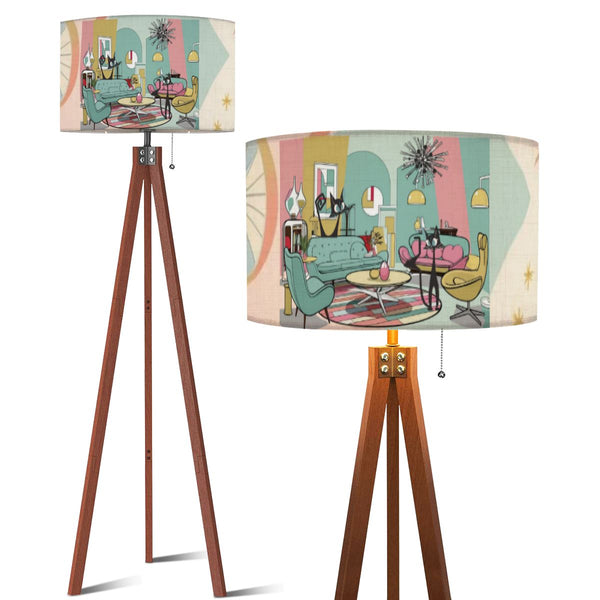 Atomic 50s Kitschy Cats, Retro Mod Livingroom, MCM Tripod Floor Lamp