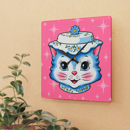 Mid Century Modern Kitschy Anthropomorphic Blue Cat with Floral Hat Acrylic Wall Clock