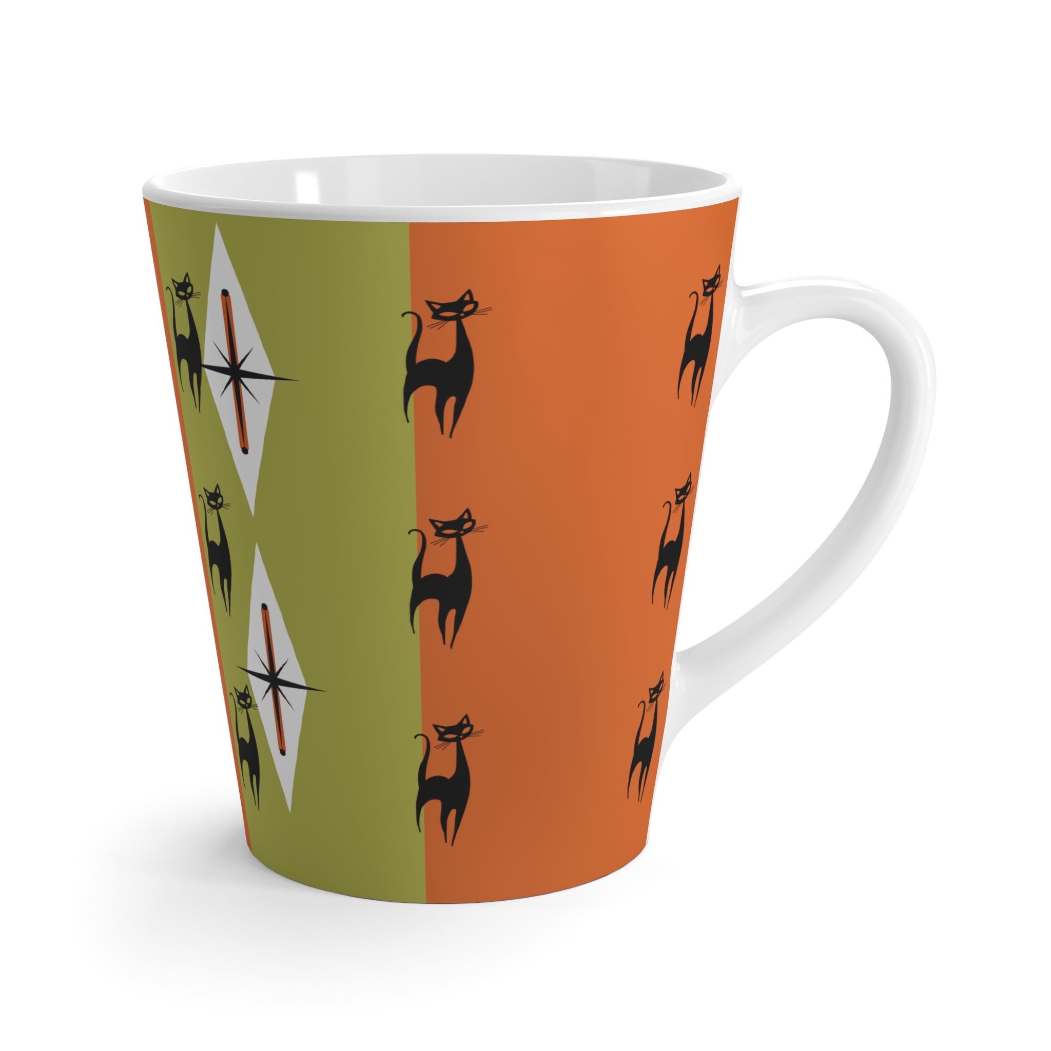 Atomic Kitschy Cats, Orange Green Mid Mod Latte Cup - Mid Century Modern Gal