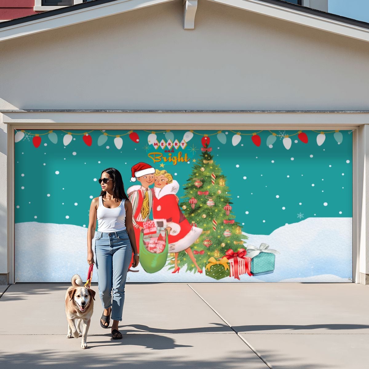 Mid Century Modern Merry and Bright Christmas Tree Garage Door Banner Backdrop - Mid Century Modern Gal