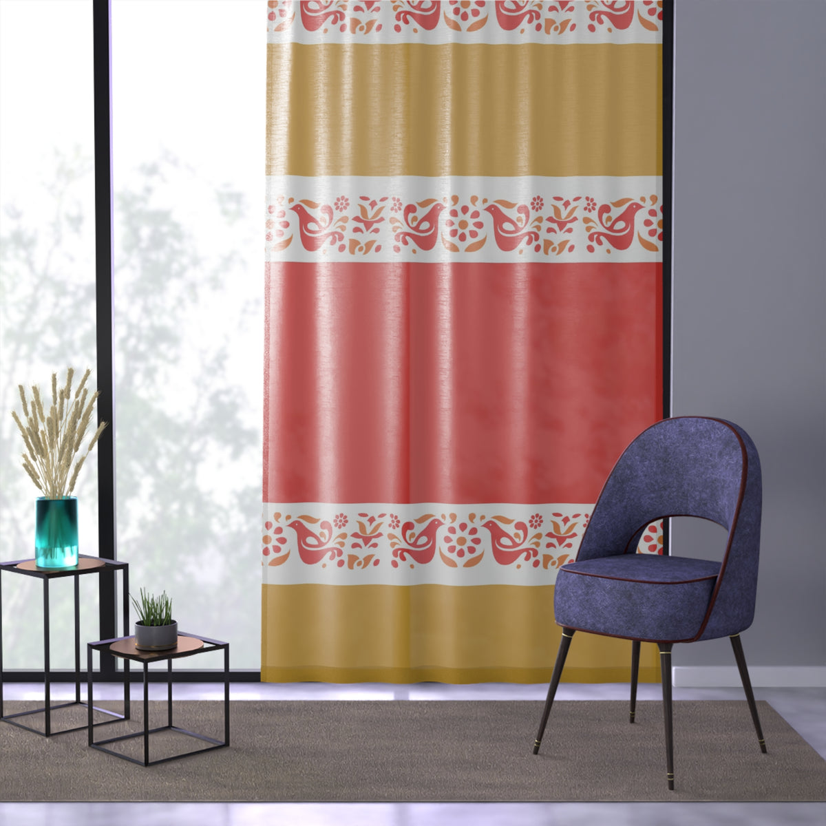 Pyrex Friendship Red, Golden Yellow Boho Floral Window Curtain - Vibrant Red and Gold Design for Cozy Living Spaces - Mid Century Modern Gal