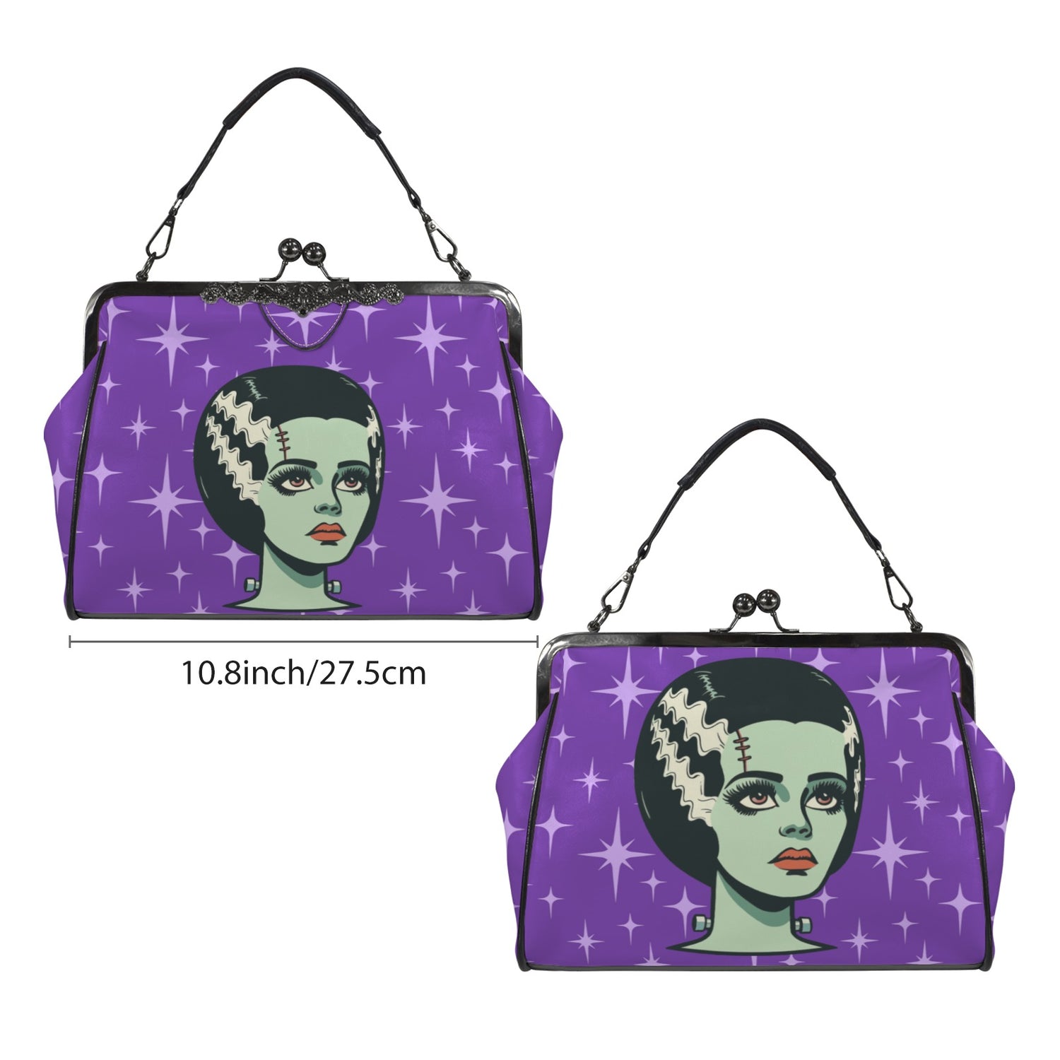 Bride of Frankenstein Retro Mid Mod Horror Buff Purple Halloween Kisslock Crossbody Purse - Mid Century Modern Gal