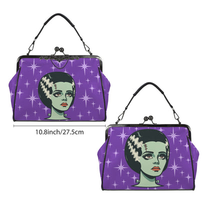 Bride of Frankenstein Retro Mid Mod Horror Buff Purple Halloween Kisslock Crossbody Purse - Mid Century Modern Gal