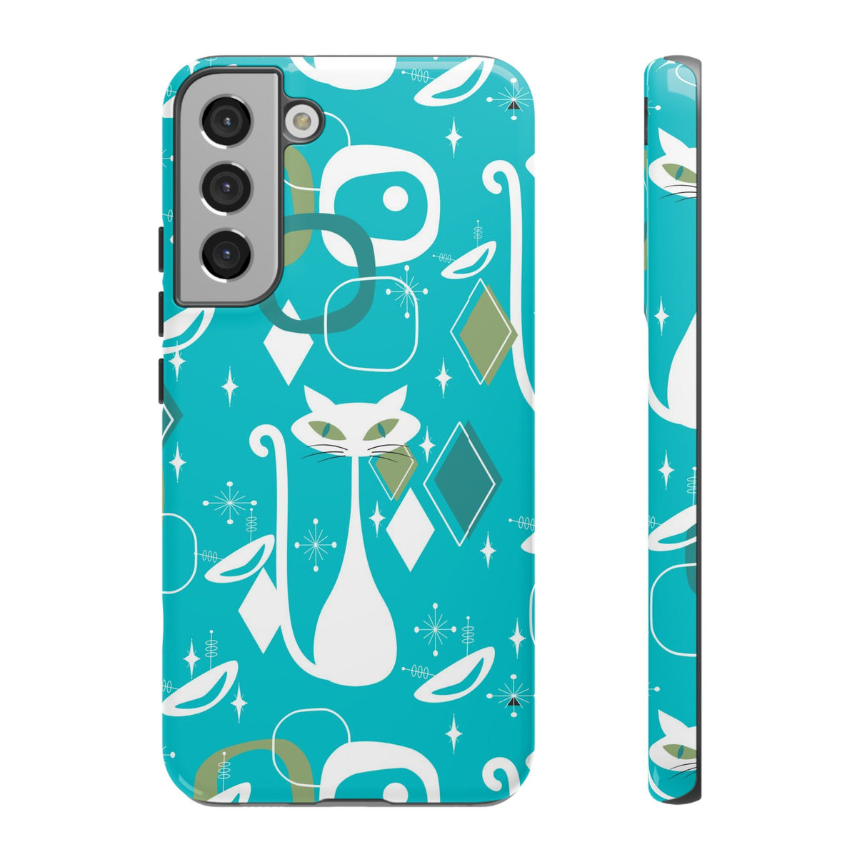 Atomic Cat Space Designs, Mid Century Modern, Aqua, White Kitschy Cat Tough Phone Case