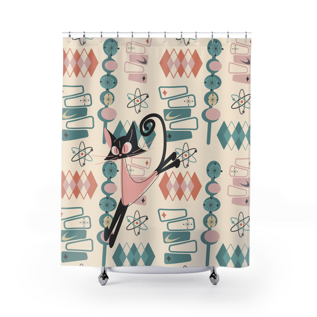 Atomic Cat Shower Curtain, Mid Century Modern Space, Googie Designed Retro Shower Curtain - Mid Century Modern Gal