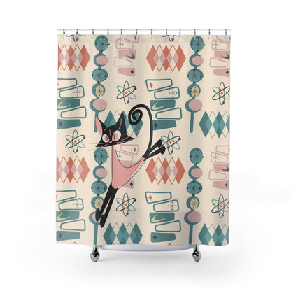 Atomic Cat Shower Curtain, Mid Century Modern Space, Googie Designed Retro Shower Curtain