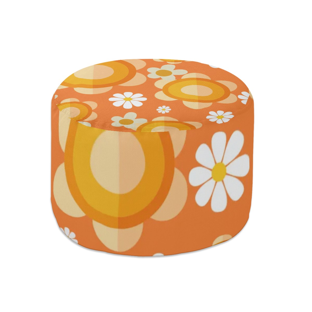 1970s Flower Power Retro Orange Mod Daisy Design MCM Round Pouf Ottoman