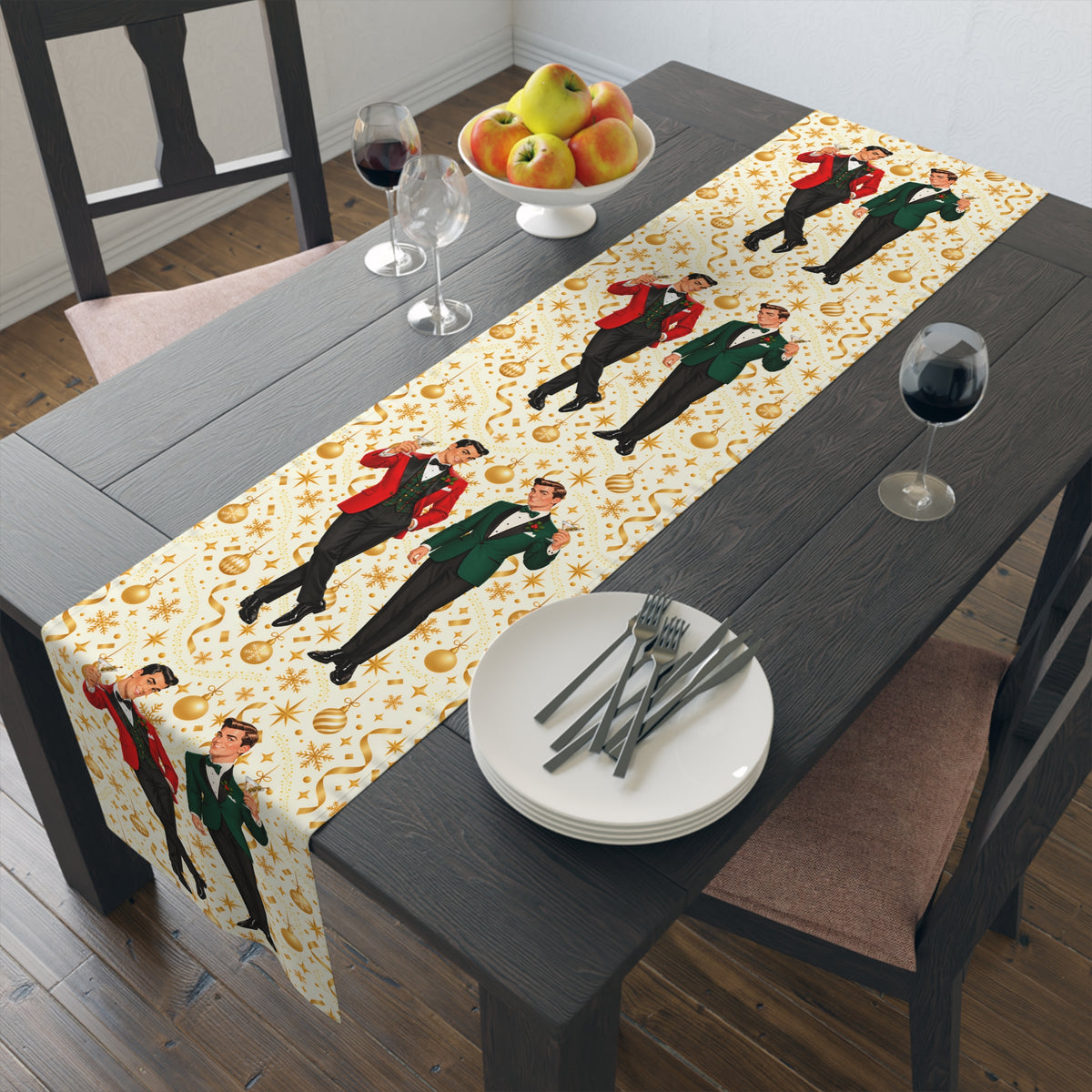 Mid Century Modern Christmas Martini Dapper Gay Male Couple Table Runner