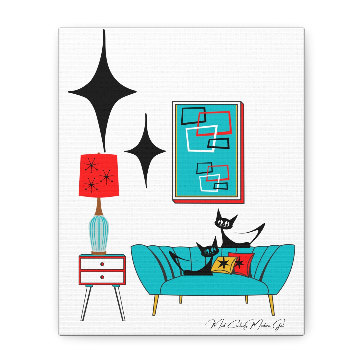 Mid Century Modern Wall Art, Atomic Cat Living Room Retro. Teal Blue, Red, Black Canvas Art - Mid Century Modern Gal