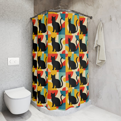 Pop Art Black Atomic Cats, Red Yellow Blue, Shower Curtain - Mid Century Modern Gal