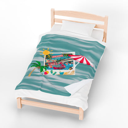 Palm Springs Hotel Retro Mod Flamingo And Atomic Cats, Tropical Getaway Velveteen Plush Blanket - Perfect for Beach Days and Cozy Nights - Mid Century Modern Gal