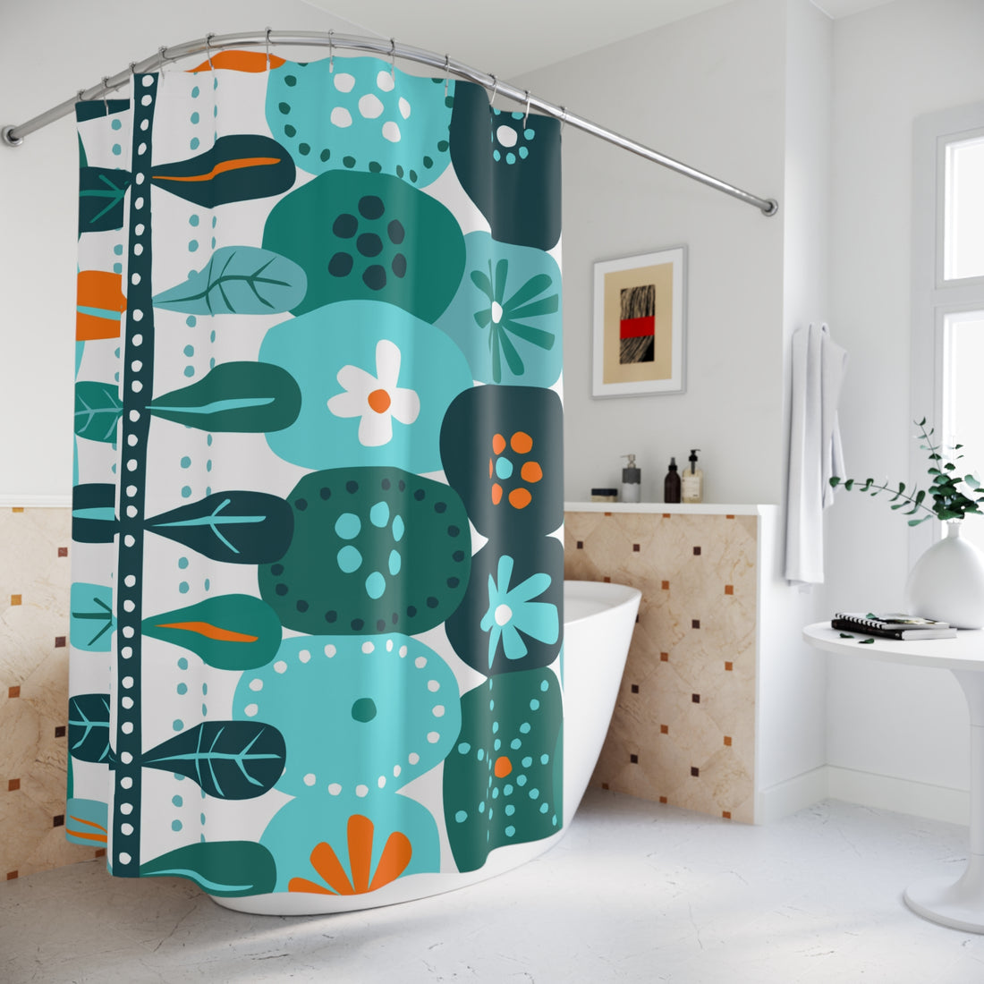 Mid Mod Scandinavian Floral Teal, Aqua Orange Mid Mod Shower Curtain - Mid Century Modern Gal