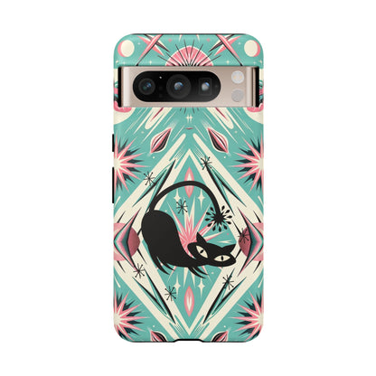 Atomic Cat, Mid Century Modern Aqua Blue, Pink, Starbursts Tough Phone Case