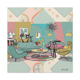 Mid-Century Modern Atomic Cat Kitschy Mod Living Room, Aqua, Pink, Starburst Original Art By MCM GAL - Mid Century Modern Gal