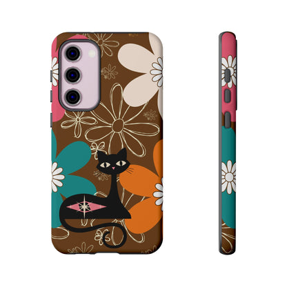 Atomic Cat Retro 70s Vibe Flower Power Tough Cases: Cute Floral and Cat Phone Case for Cat Lovers - Mid Century Modern Gal