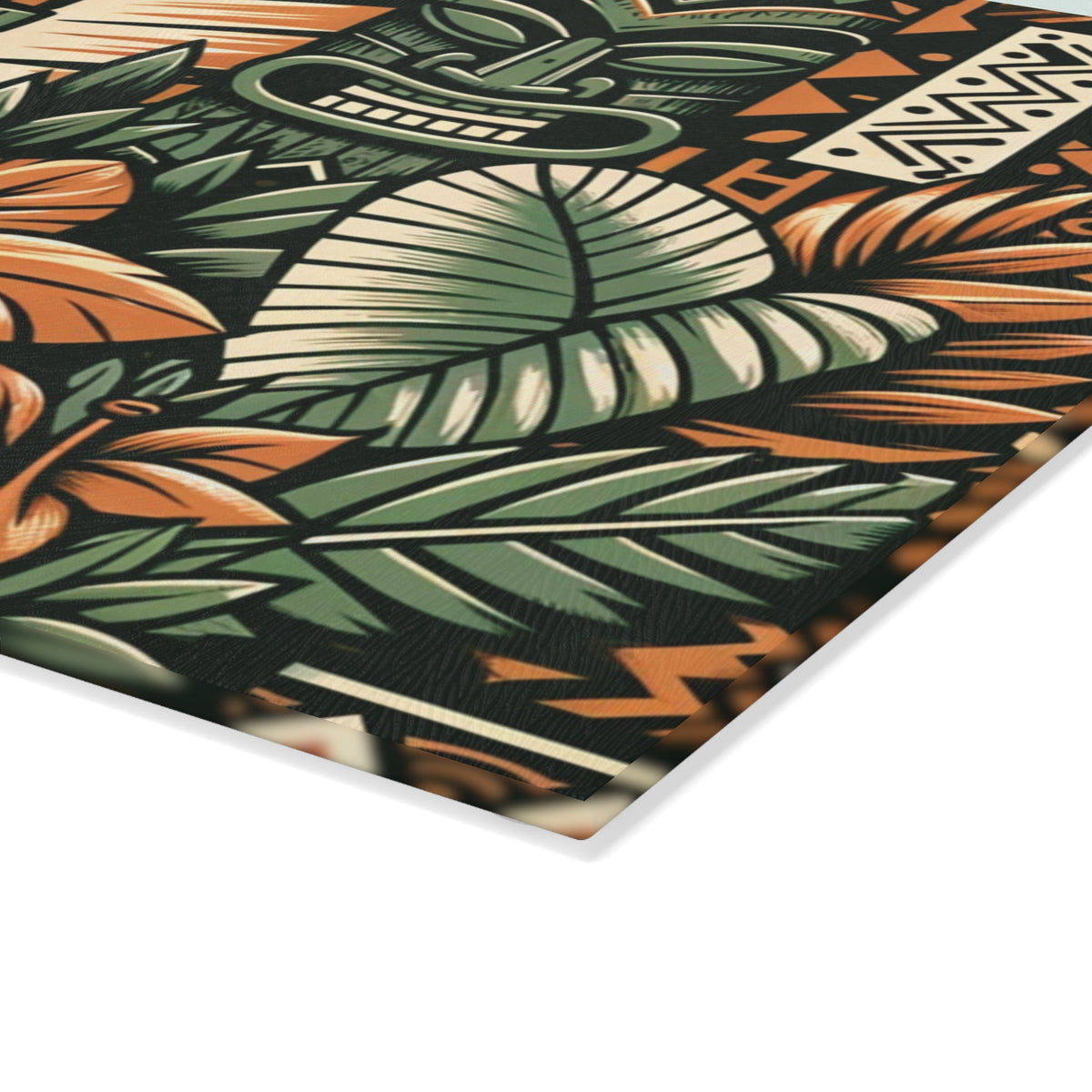 Tiki Idol, Polynesian Design, Green, Orange, Brown, Mid Century Modern Tiki Party Glass Cutting Board - Mid Century Modern Gal