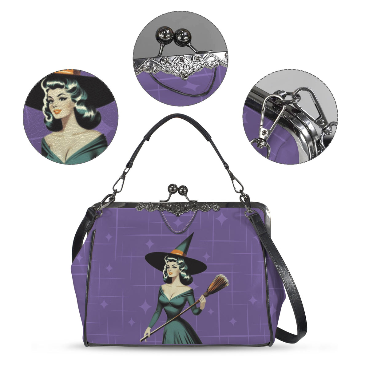 Mid Century Modern Vintage Pin Up Witch Purple Teal Halloween Kisslock Crossbody Purse - Mid Century Modern Gal