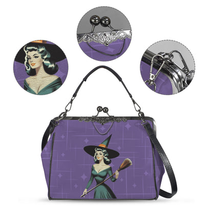 Mid Century Modern Vintage Pin Up Witch Purple Teal Halloween Kisslock Crossbody Purse - Mid Century Modern Gal
