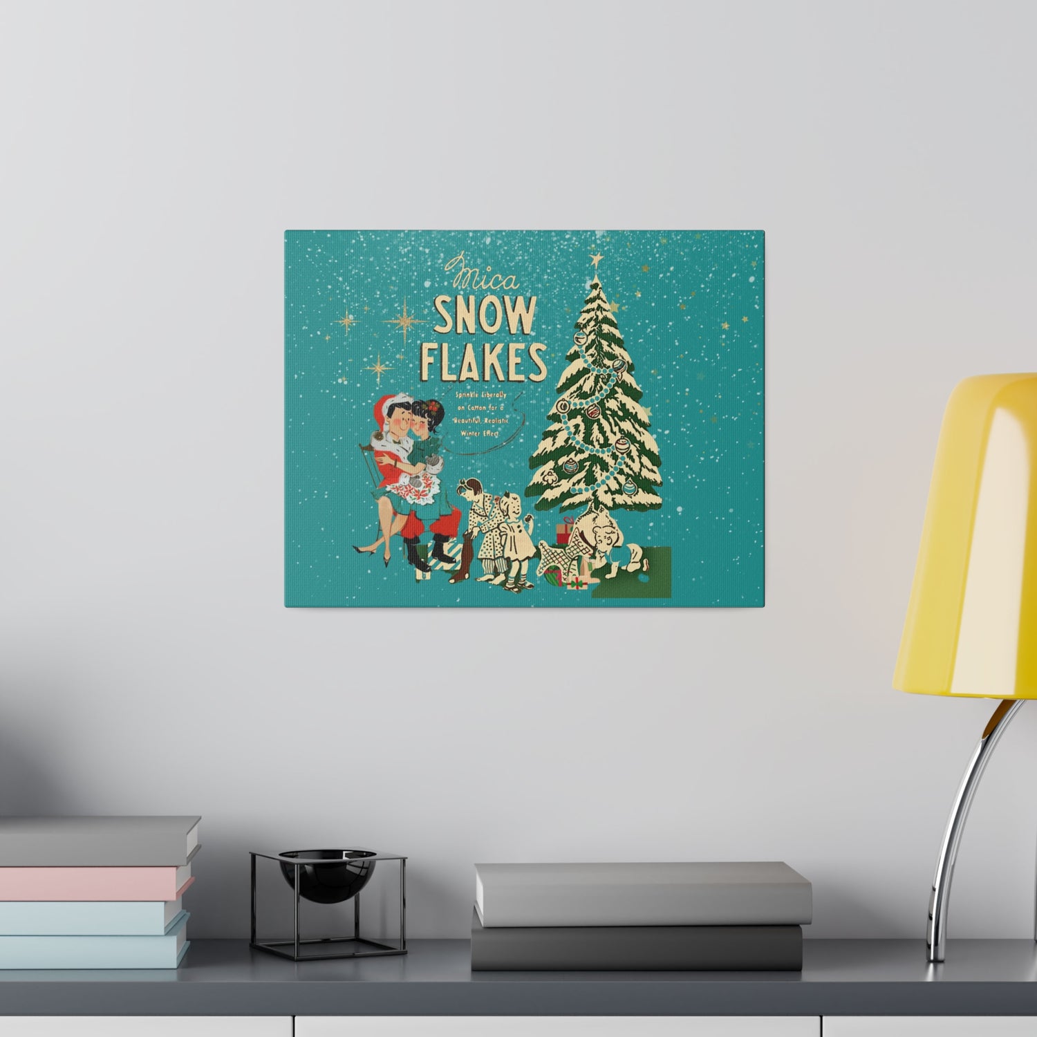 Mid Century Modern Kitschy Christmas Mantel Wall Art, Teal Blue, Mica Snow 50s Mod Couple Christmas Scene Canvas Art