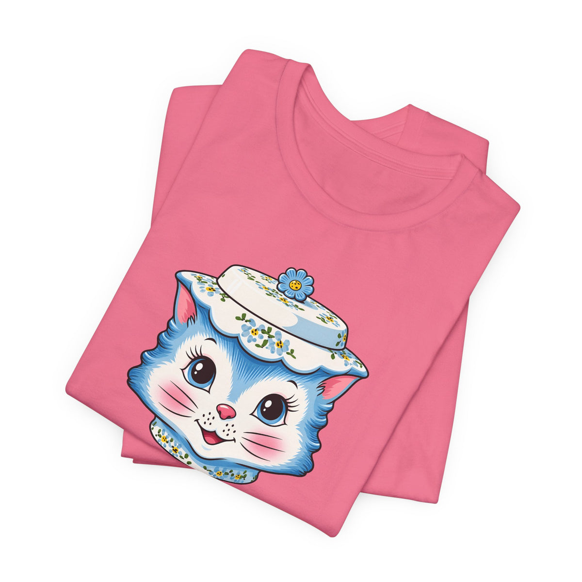Mid Century Modern Kitschy Anthropomorphic Blue Cat with Floral Hat Unisex T-Shirt