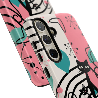 Mid Mod Atomic Cat Boomerang Starburst, Pink, Black Kitschy Stylish Cat Phone Case: Modern Design for Cat Lovers