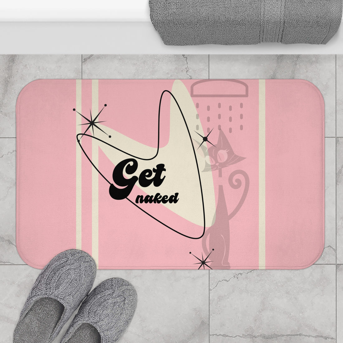 Get Naked Atomic Cat, Mid Mod Pink Bath Mat - Mid Century Modern Gal