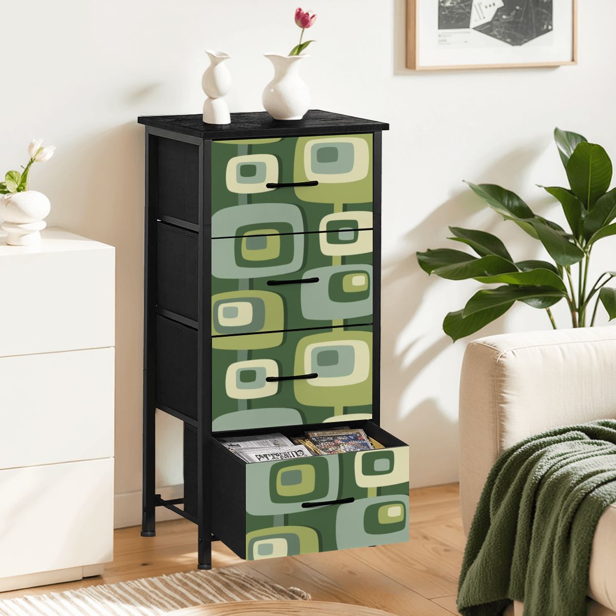 Mid Century Modern, Geometric, Groovy Green, Beige, Abstract, 60s 70s Retro, Mid Mod, MCM 4-Drawer Dresser - Mid Century Modern Gal