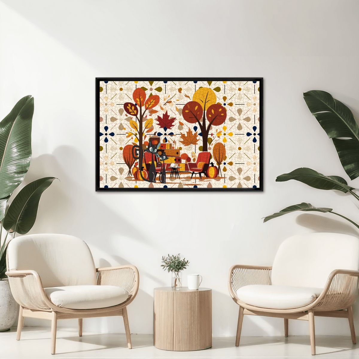 Atomic Cat Wooden Jigsaw Puzzle In Modern Scandinavian Floral Harvest Decor - Mid Century Modern Gal