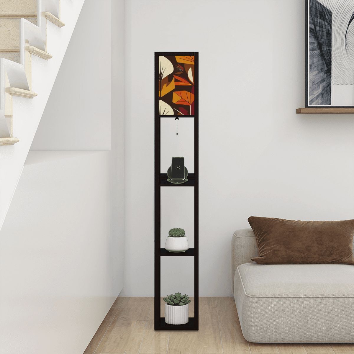 Modern Scandinavian Floral Harvest Blend Golden Yellow, Orange Mid Mod Floor Lamp with Shelves - Mid Century Modern Gal