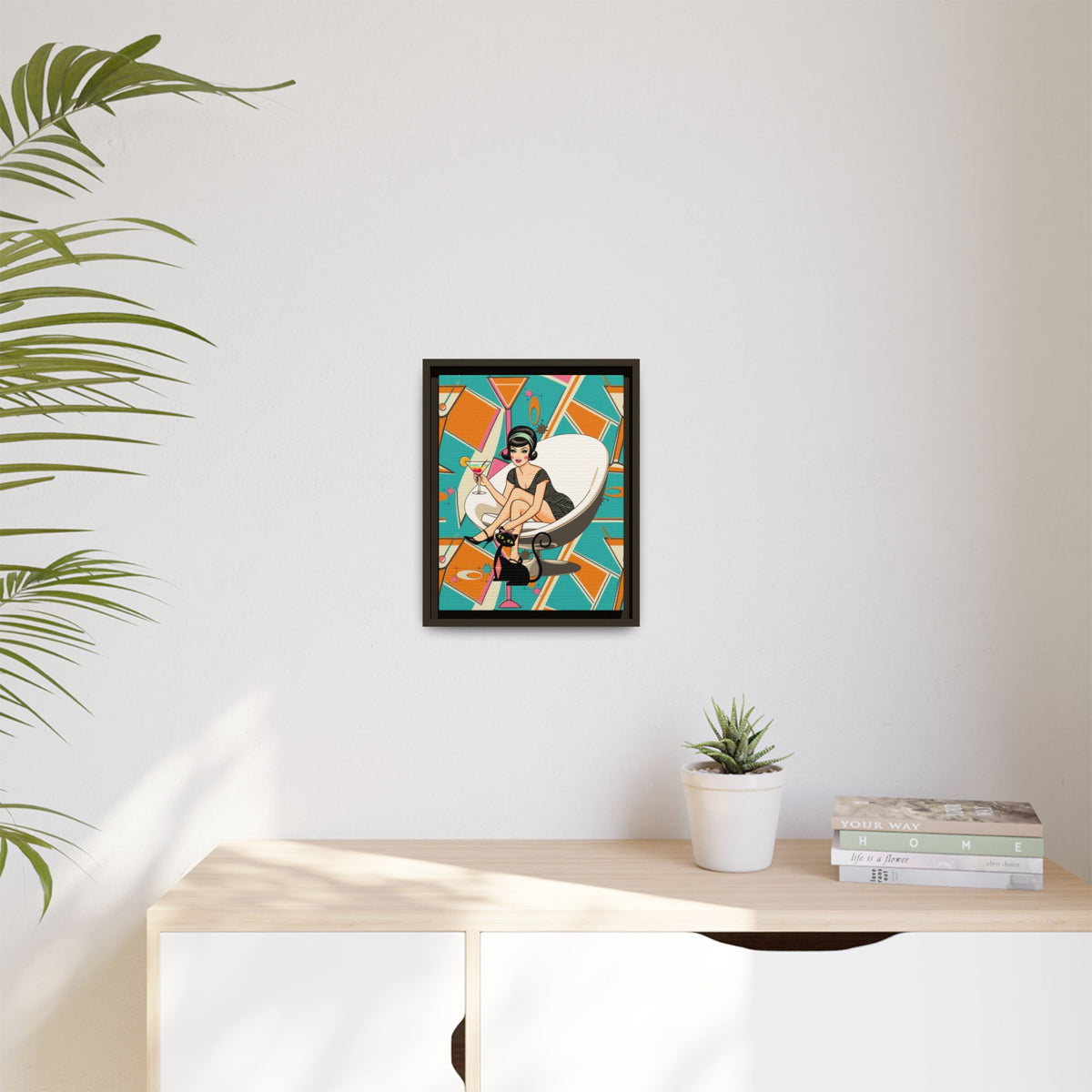 Framed matte canvas wall art featuring a vintage cocktail and retro cat design in vibrant colors, perfect for mid-century decor.
