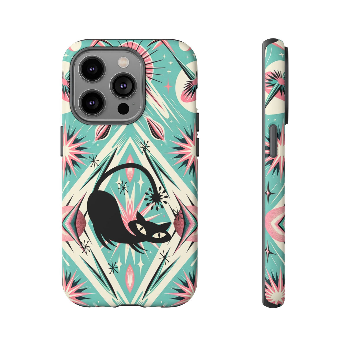 Atomic Cat, Mid Century Modern Aqua Blue, Pink, Starbursts Tough Phone Case