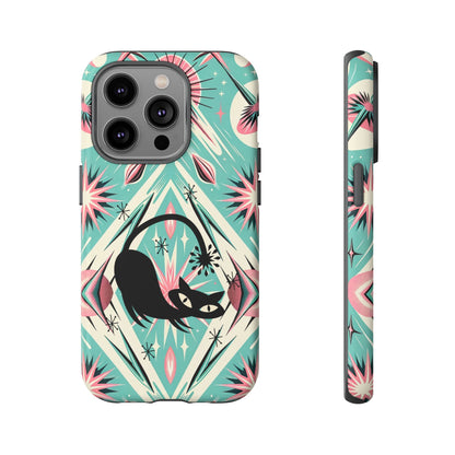 Atomic Cat, Mid Century Modern Aqua Blue, Pink, Starbursts Tough Phone Case