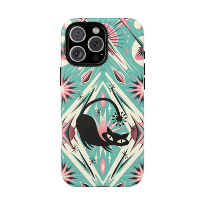 Atomic Cat, Mid Century Modern Aqua Blue, Pink, Starbursts Tough Phone Case