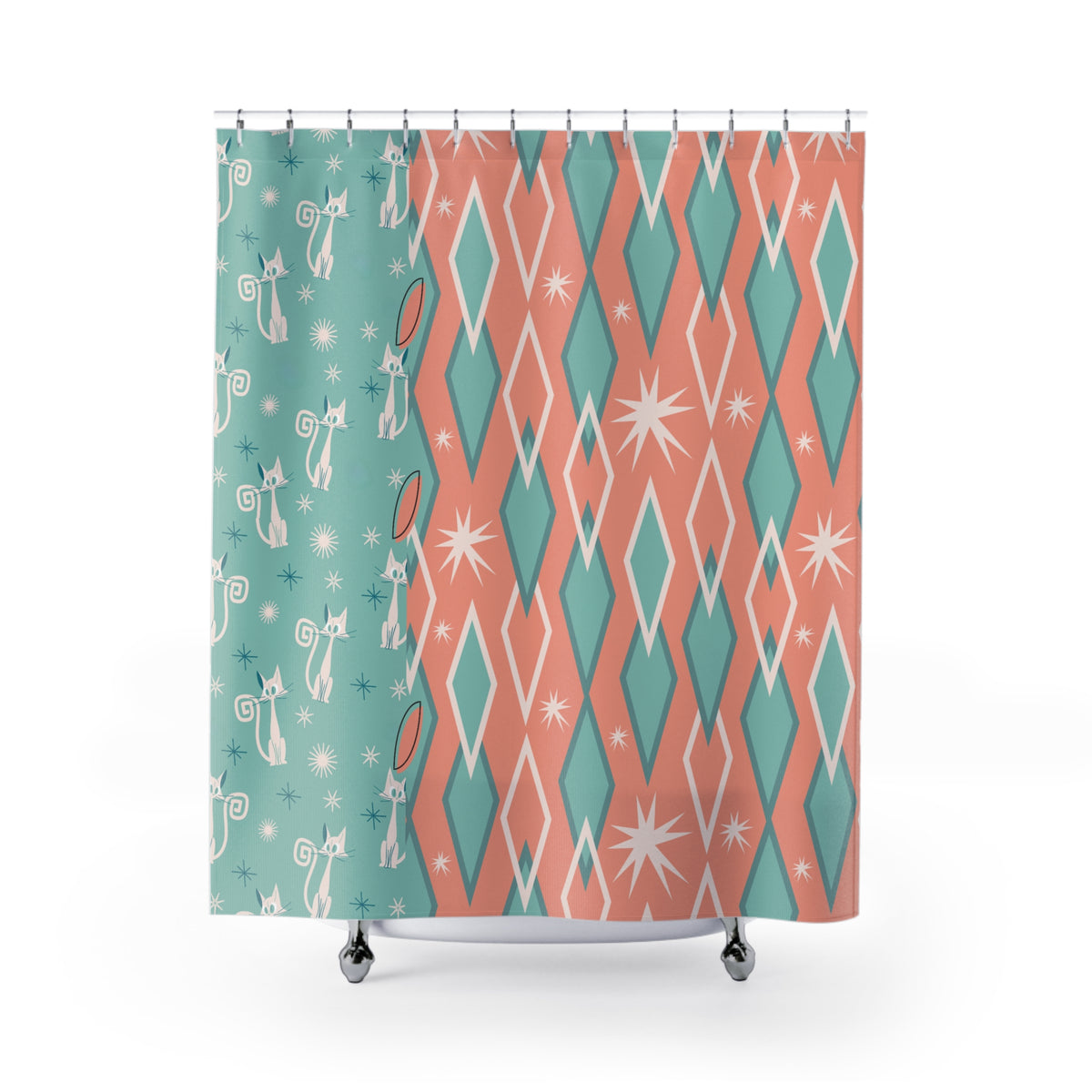 Atomic Cat, White Kitties, Aqua, Coral Pink, Harlequin Diamond, Patchwork, Mid Century Modern Shower Curtain - Mid Century Modern Gal