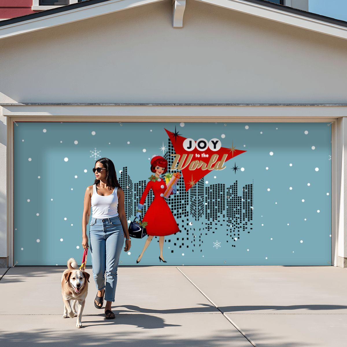 Mid Century Modern Christmas, Mod Gal, Joy To The World City Scape Garage Door Banner Backdrop - Mid Century Modern Gal