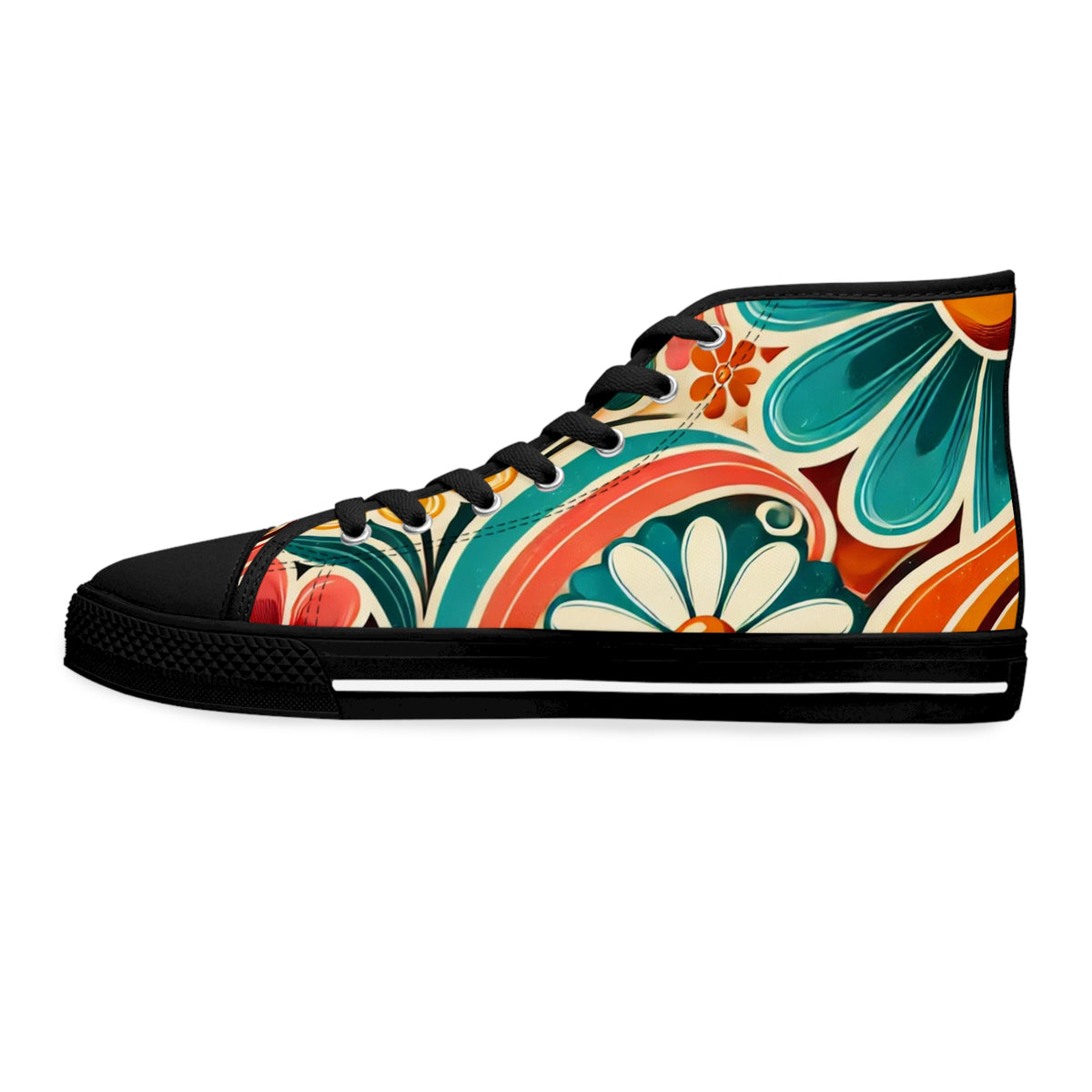 Retro 70s Bohemian Floral Women's High Top Sneakers - Vibrant Style for Every Occasion - Mid Century Modern Gal
