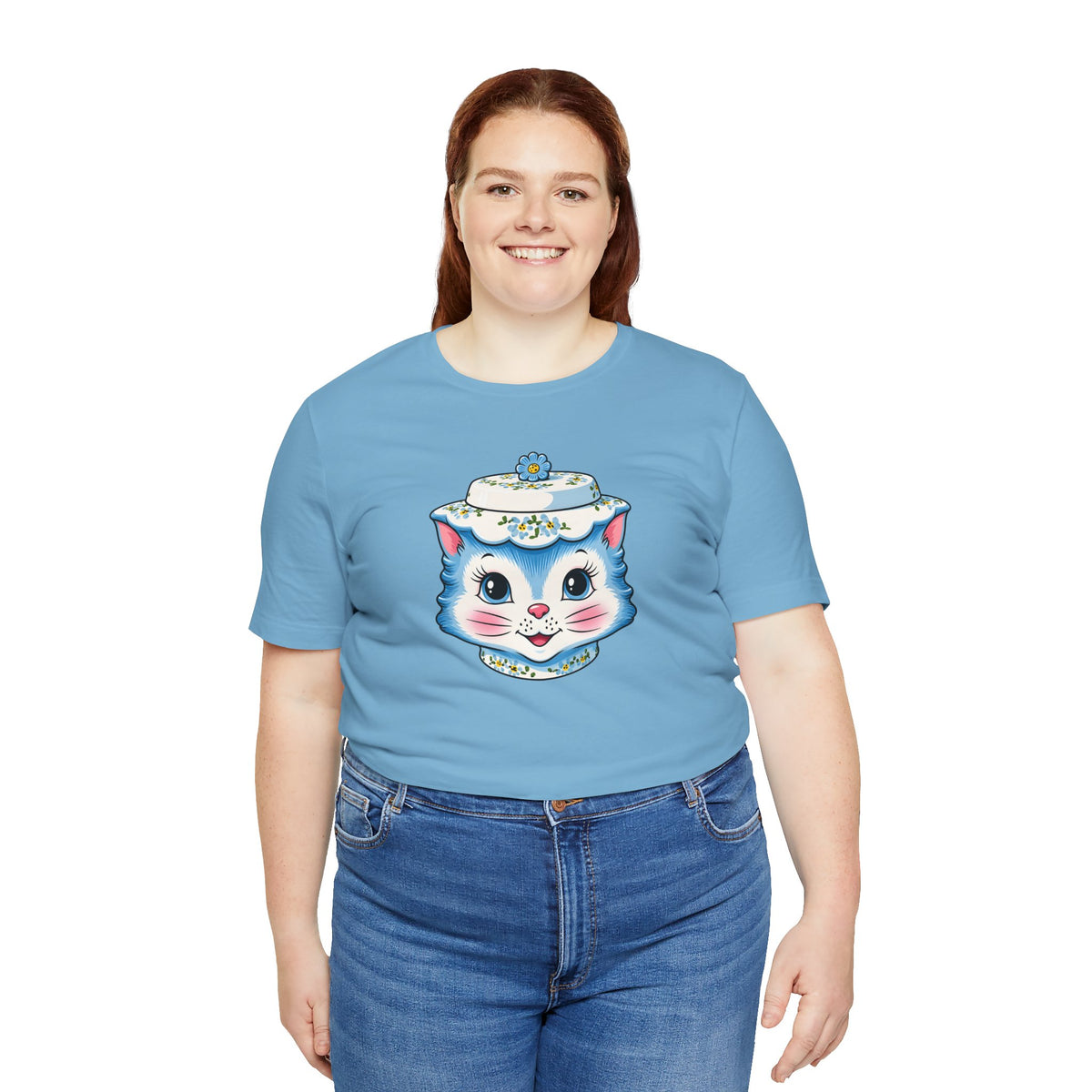 Mid Century Modern Kitschy Anthropomorphic Blue Cat with Floral Hat Unisex T-Shirt
