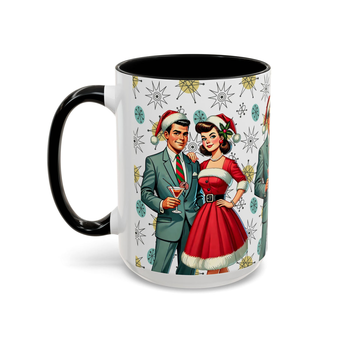 Mid Century Modern 50s Christmas mug featuring Franciscan Starburst pattern with retro couple in festive attire.