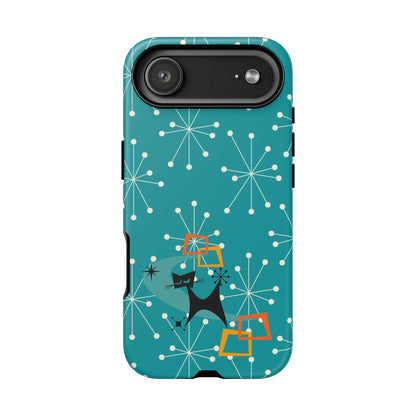 Atomic Space Cat, Starburst Blue, Retro Groovy Smart Phone Tough Phone Cases